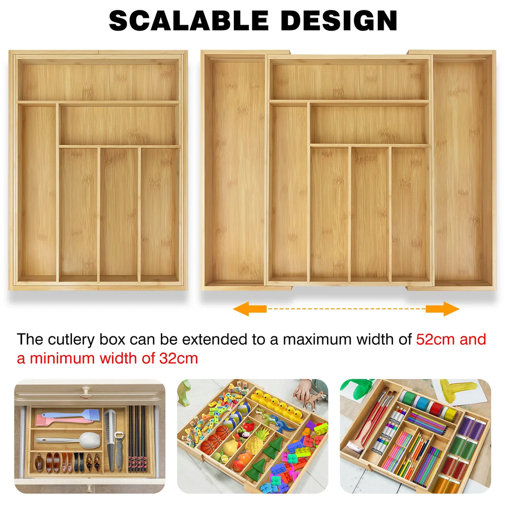Wooden Bamboo Cutlery Tray Drawer - Large Expandable 6–8 Compartments Adjustable