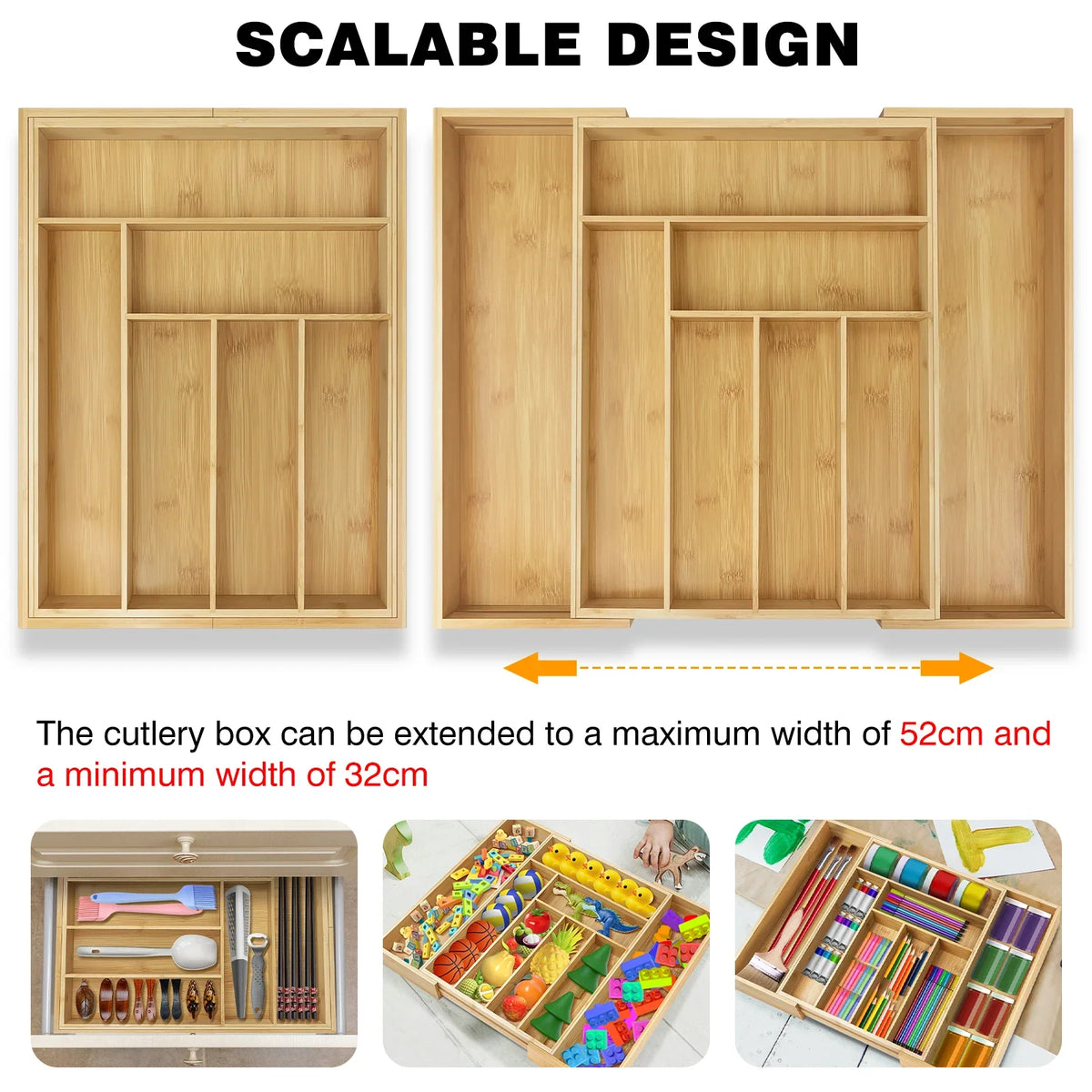 Wooden Bamboo Cutlery Tray Drawer - Large Expandable 6–8 Compartments Adjustable