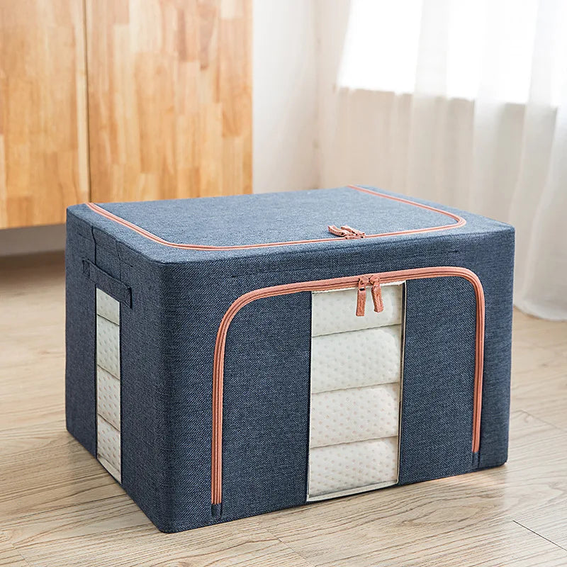 Beige Large Capacity Clothes Storage Box – Foldable with Steel Frame 24L