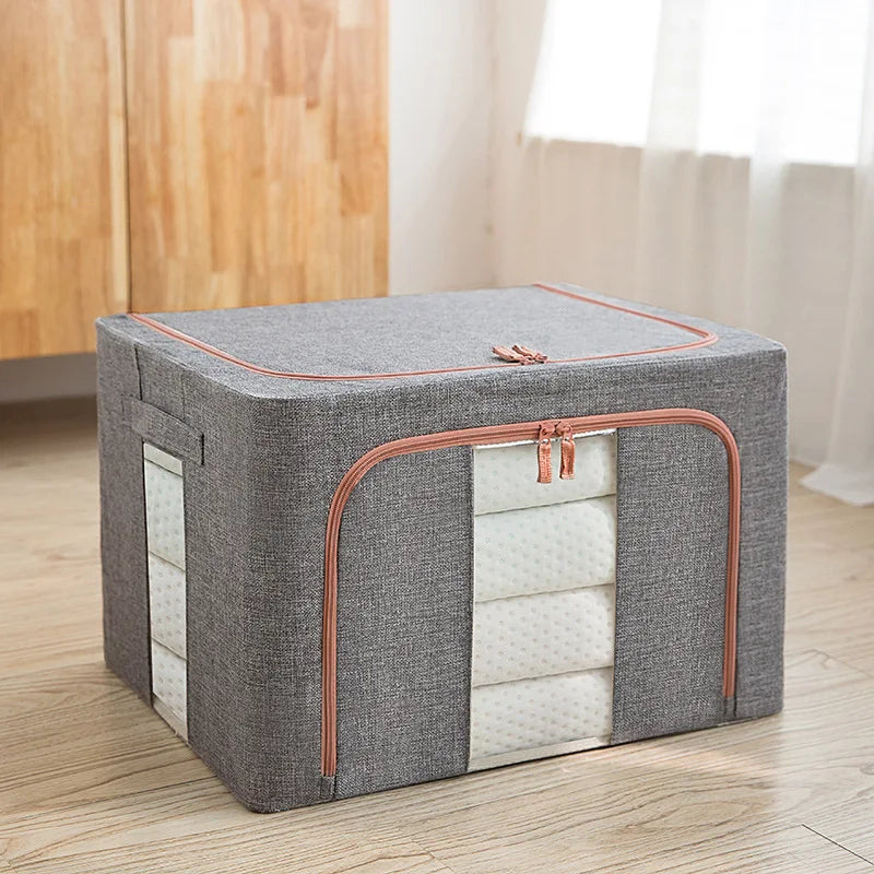 Beige Large Capacity Clothes Storage Box – Foldable with Steel Frame 24L