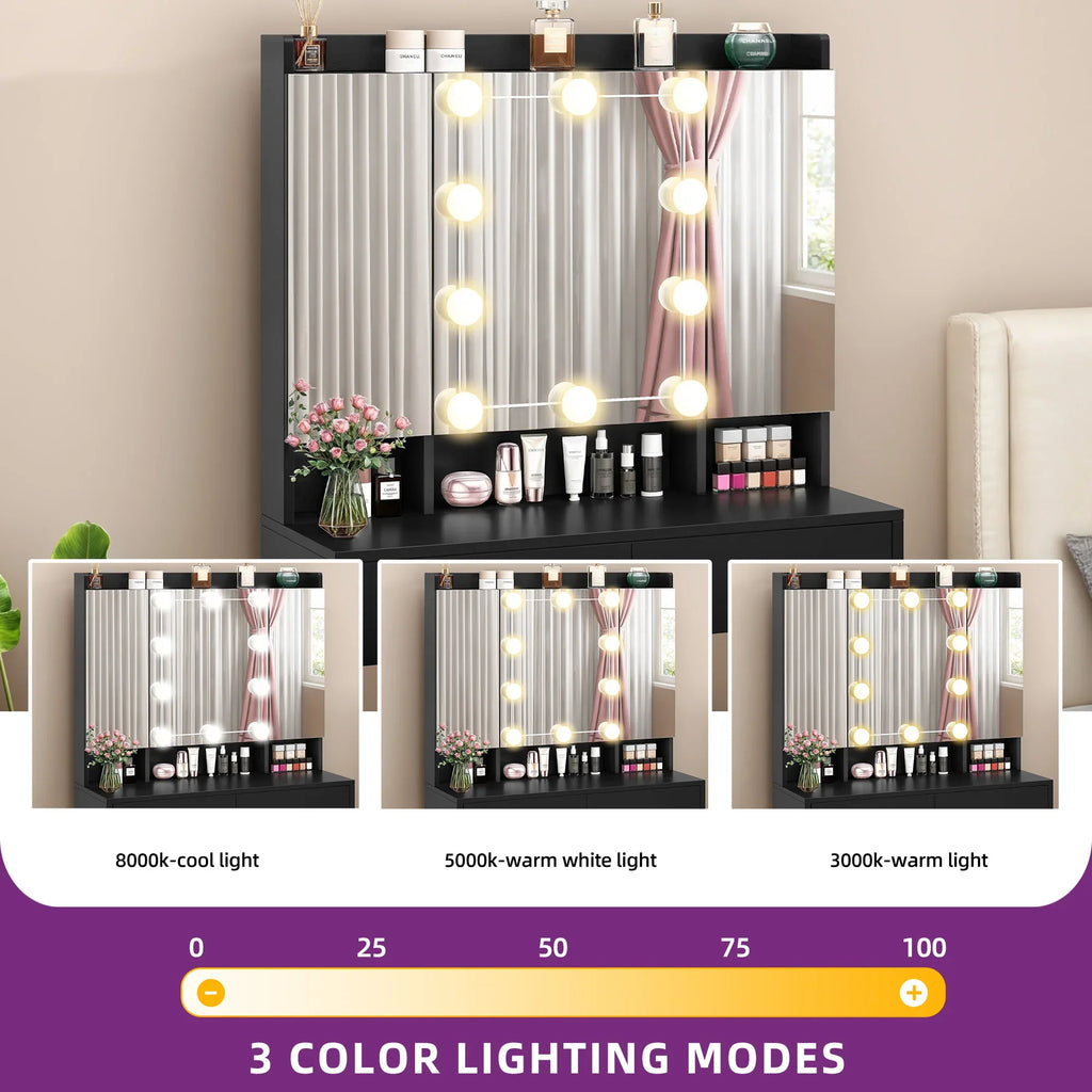 Black Dressing Table Vanity Desk with Mirror - Adjustable Brightness LED Lights