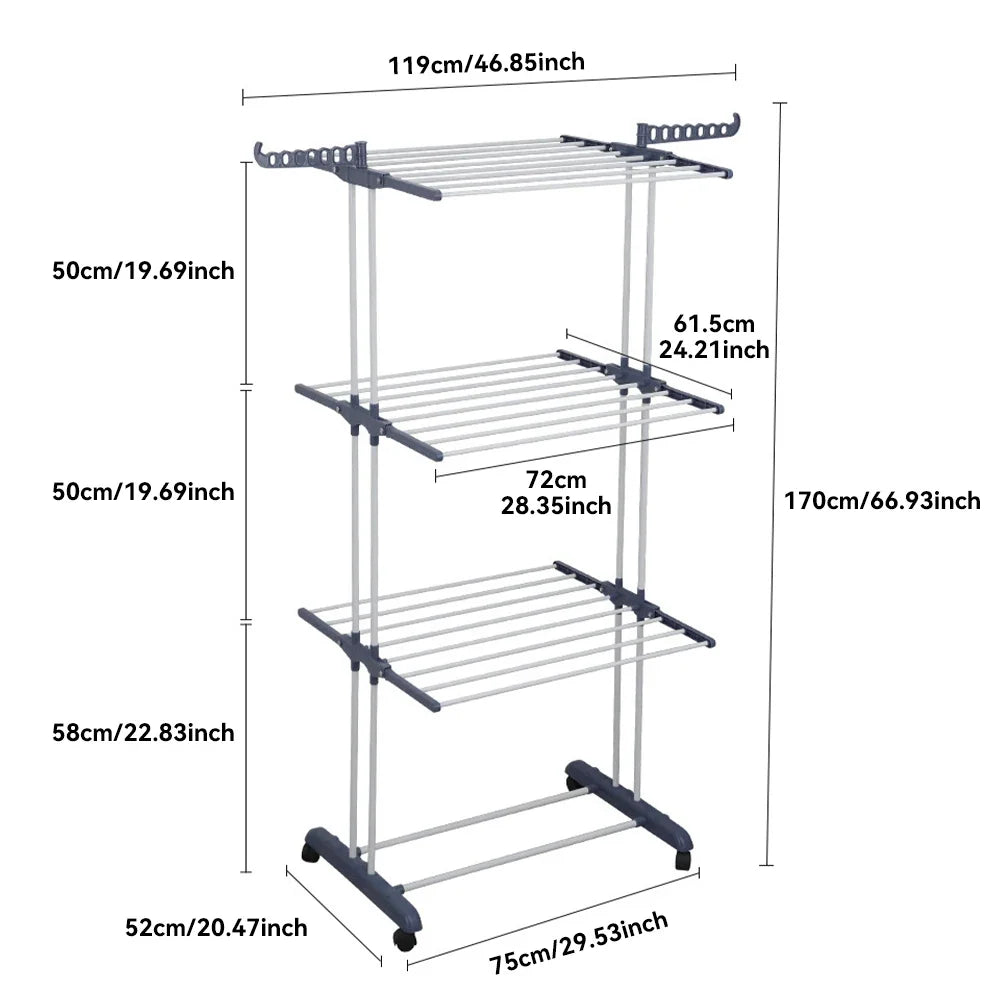 Foldable 4-Layer Drying Rack, Adjustable Towel Hanging Clothes Horse with Wheels