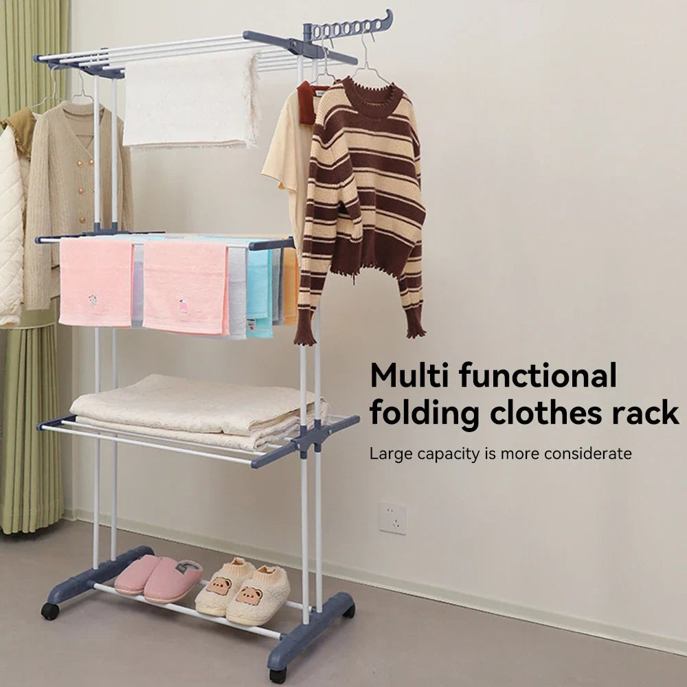 Foldable 4-Layer Drying Rack, Adjustable Towel Hanging Clothes Horse with Wheels