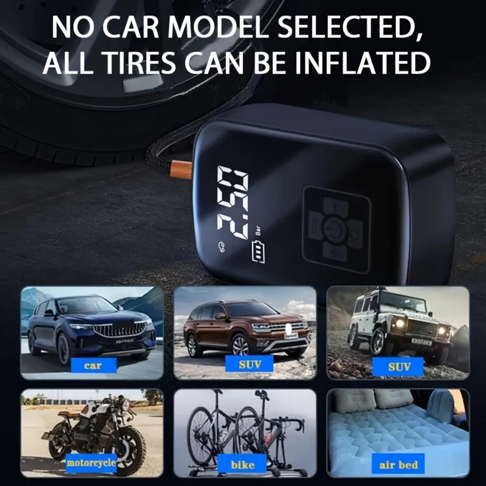 Digital Display Cordless Air Pump Tyre Inflator LED Light for Car Bike Wireless
