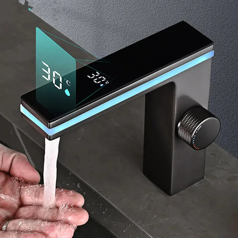 Digital Display LED Bathroom Basin Tap Faucet Smart Temperature Mixer Hot Cold