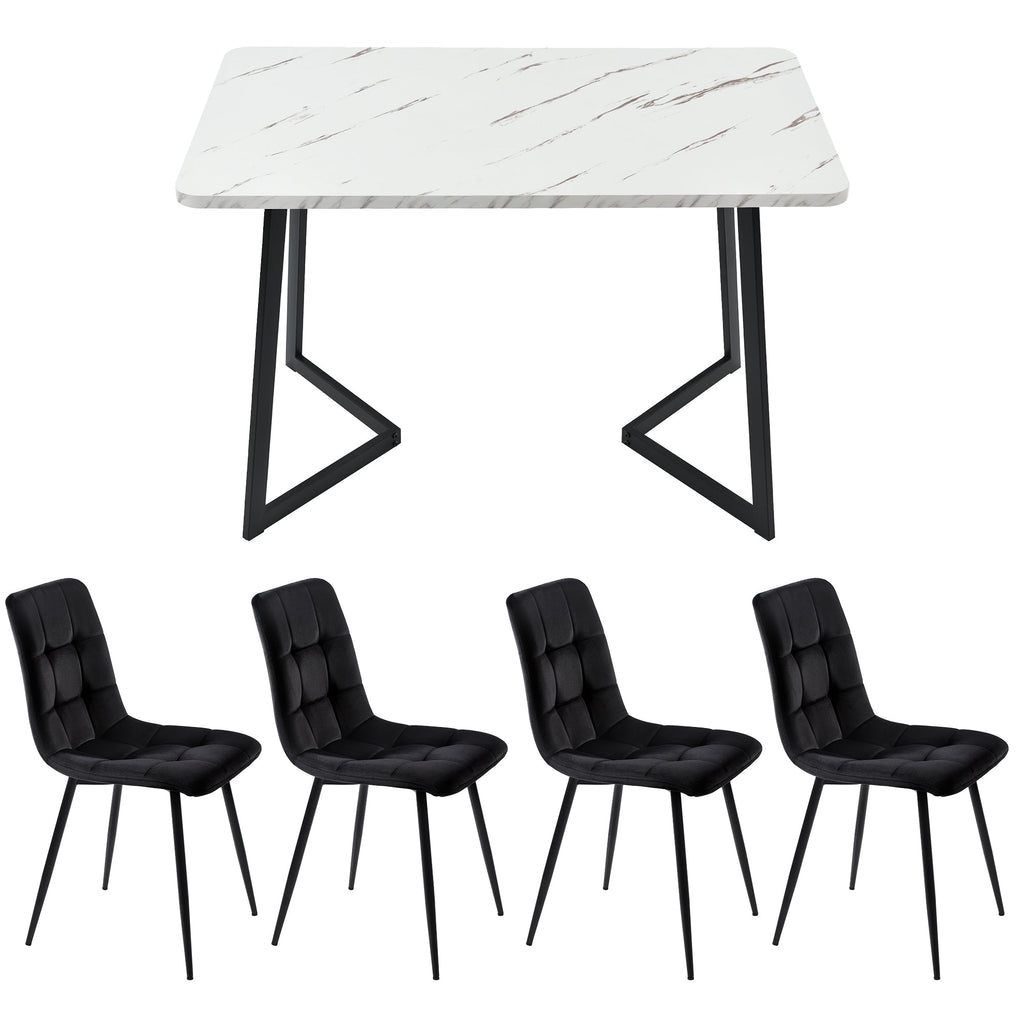 Modern Marble Effect Dining Table Set with 4 Soft Velvet Chairs Black