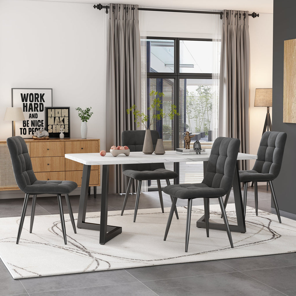 Modern Marble Effect Dining Table Set with 4 Velvet Chairs Dark Grey