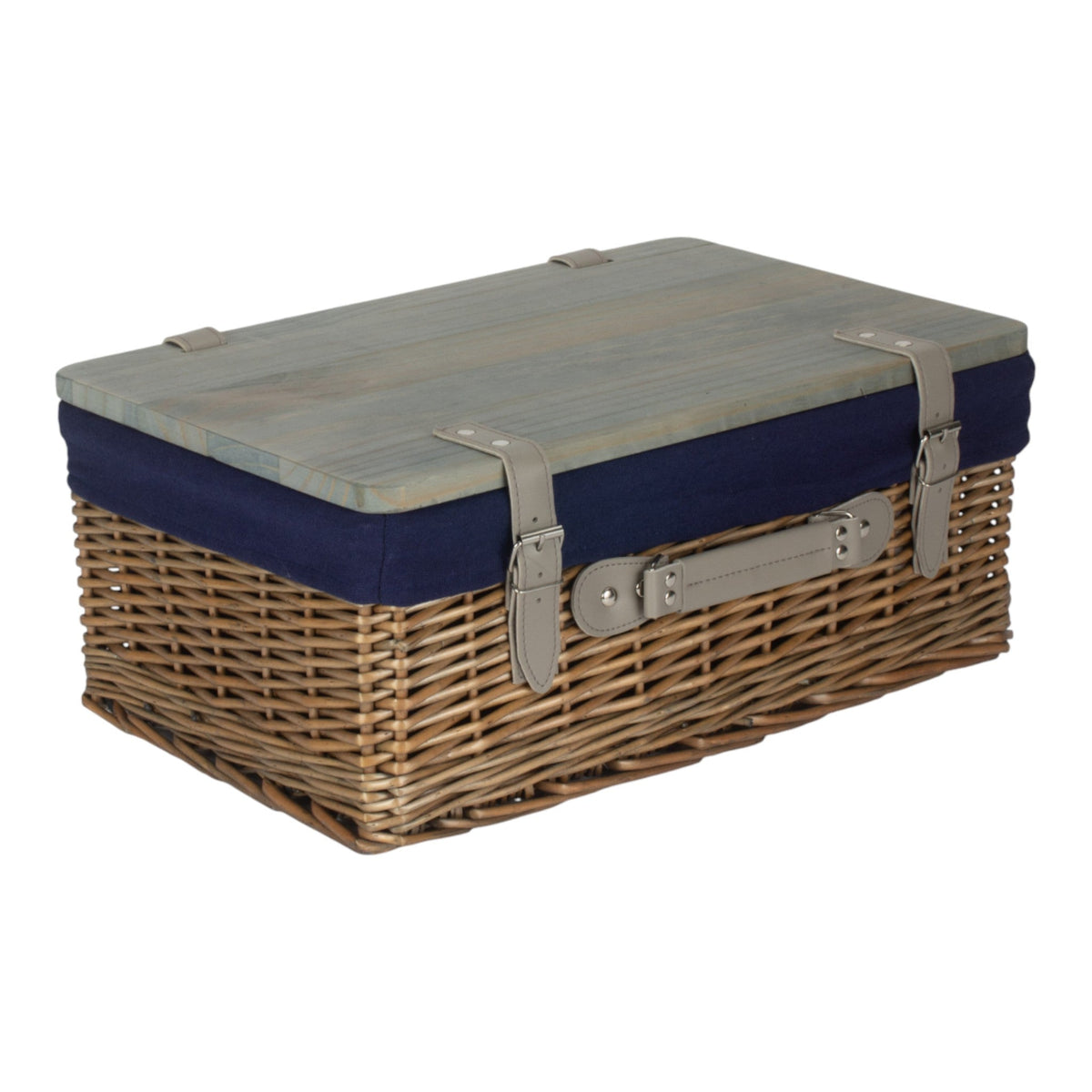 Antique Wash Navy Lined Willow Empty Picnic Basket with Pinewood Lid