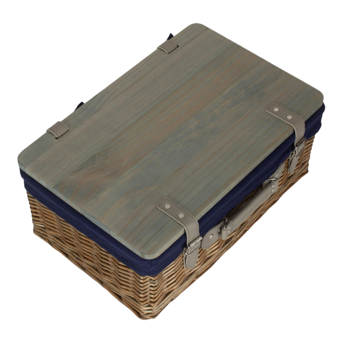 Antique Wash Navy Lined Willow Empty Picnic Basket with Pinewood Lid