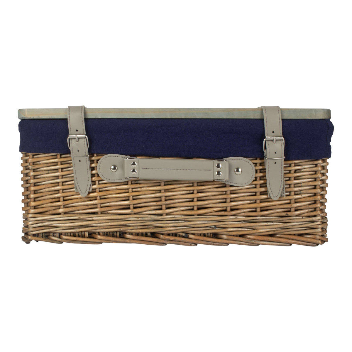 Antique Wash Navy Lined Willow Empty Picnic Basket with Pinewood Lid