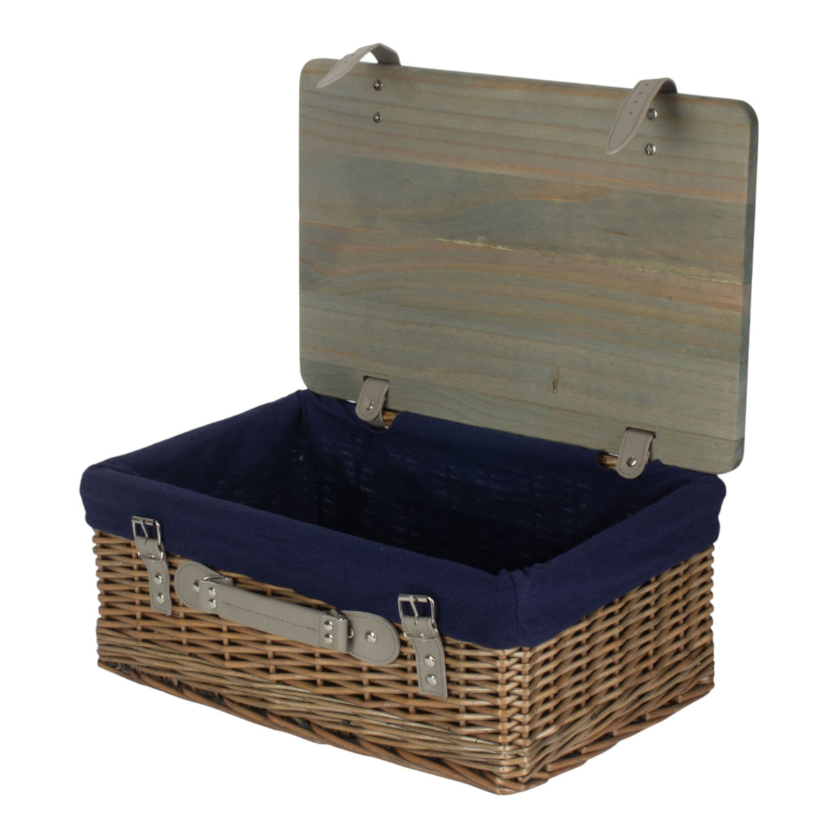 Antique Wash Navy Lined Willow Empty Picnic Basket with Pinewood Lid