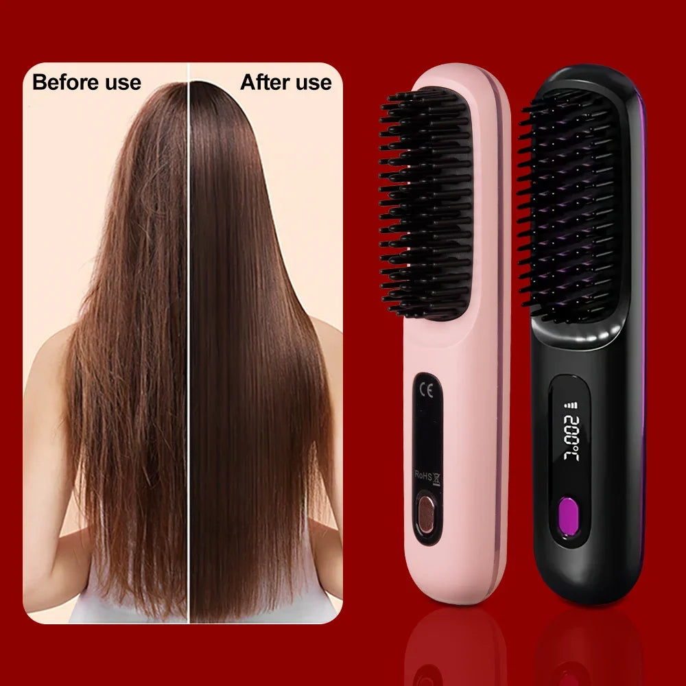 USB Rechargeable Electric Hair Straightener Brush - Portable Fast Heating Ionic Comb