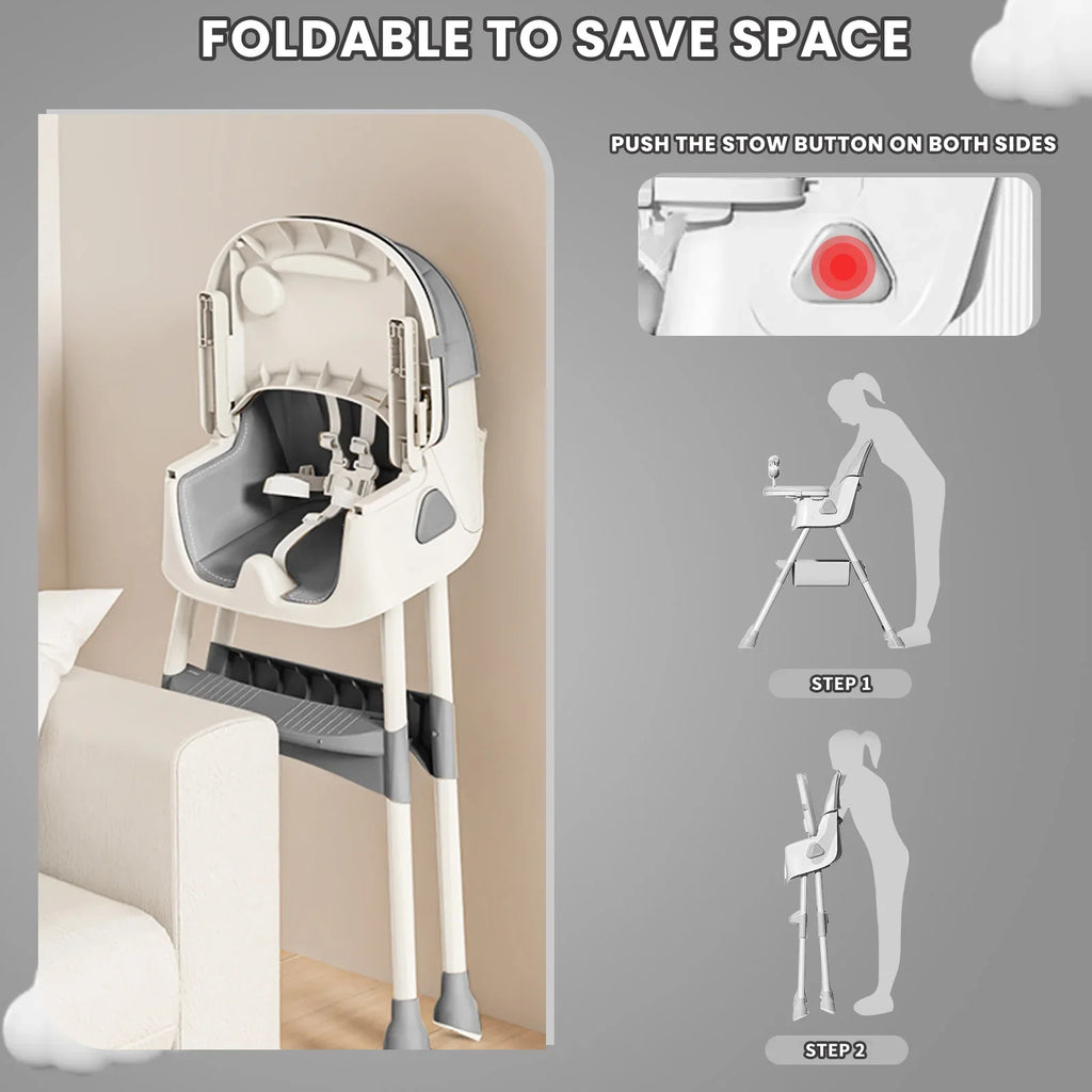 Foldable Baby High Chair - 6+ Months, Anti-Slip & Toy Rack, Easy Clean