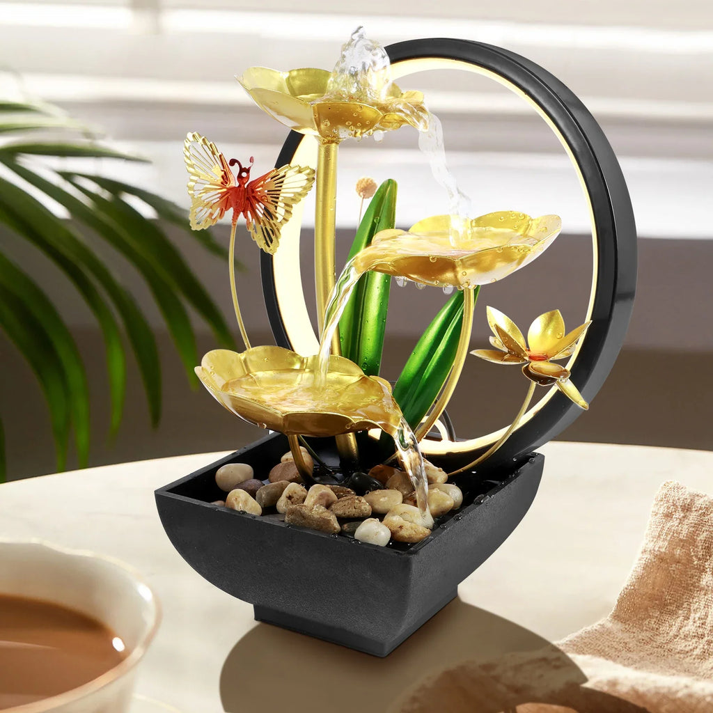 Fountain Ornament with LED Ring Light - USB Powered Natural Rock Desktop Waterfall for Home & Office Relaxation