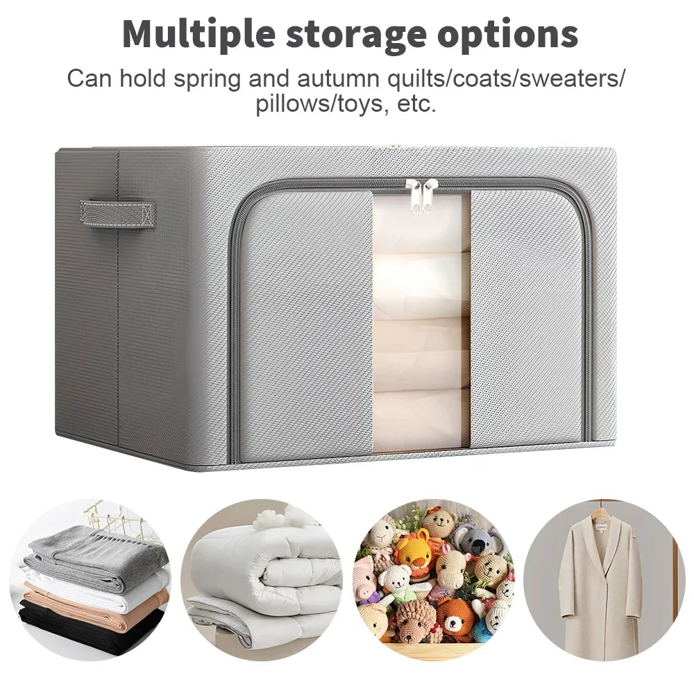 Grey 66L Extra Large Storage Box Set with Steel Frame Fabric Boxes Collapsible
