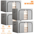 Grey 66L Extra Large Storage Box Set with Steel Frame Fabric Boxes Collapsible