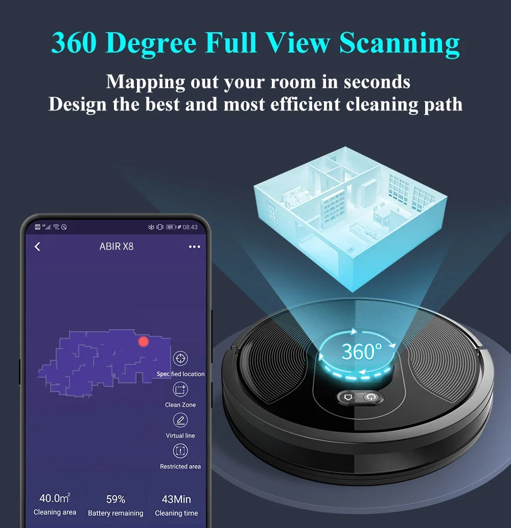 ABIR X8 Robot Vacuum Cleaner ,Laser System, Multiple Floors Maps, Zone Cleaning,Restricted Area Setting for Home Carpet Cleaning