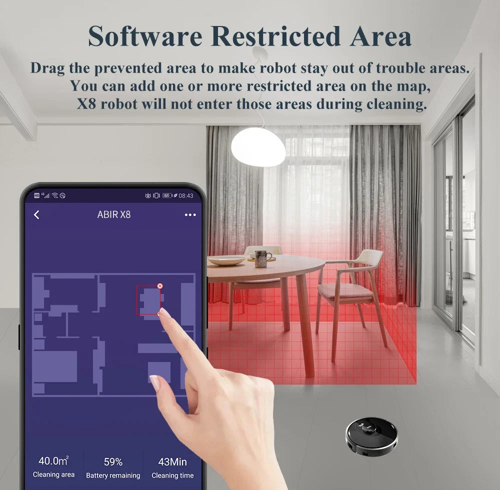 ABIR X8 Robot Vacuum Cleaner ,Laser System, Multiple Floors Maps, Zone Cleaning,Restricted Area Setting for Home Carpet Cleaning