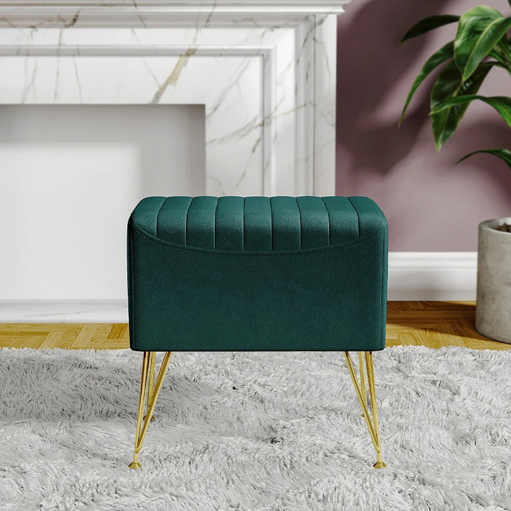 Modern Velvet Cushioned Footstool with Metal Legs - Home & Makeup Stool