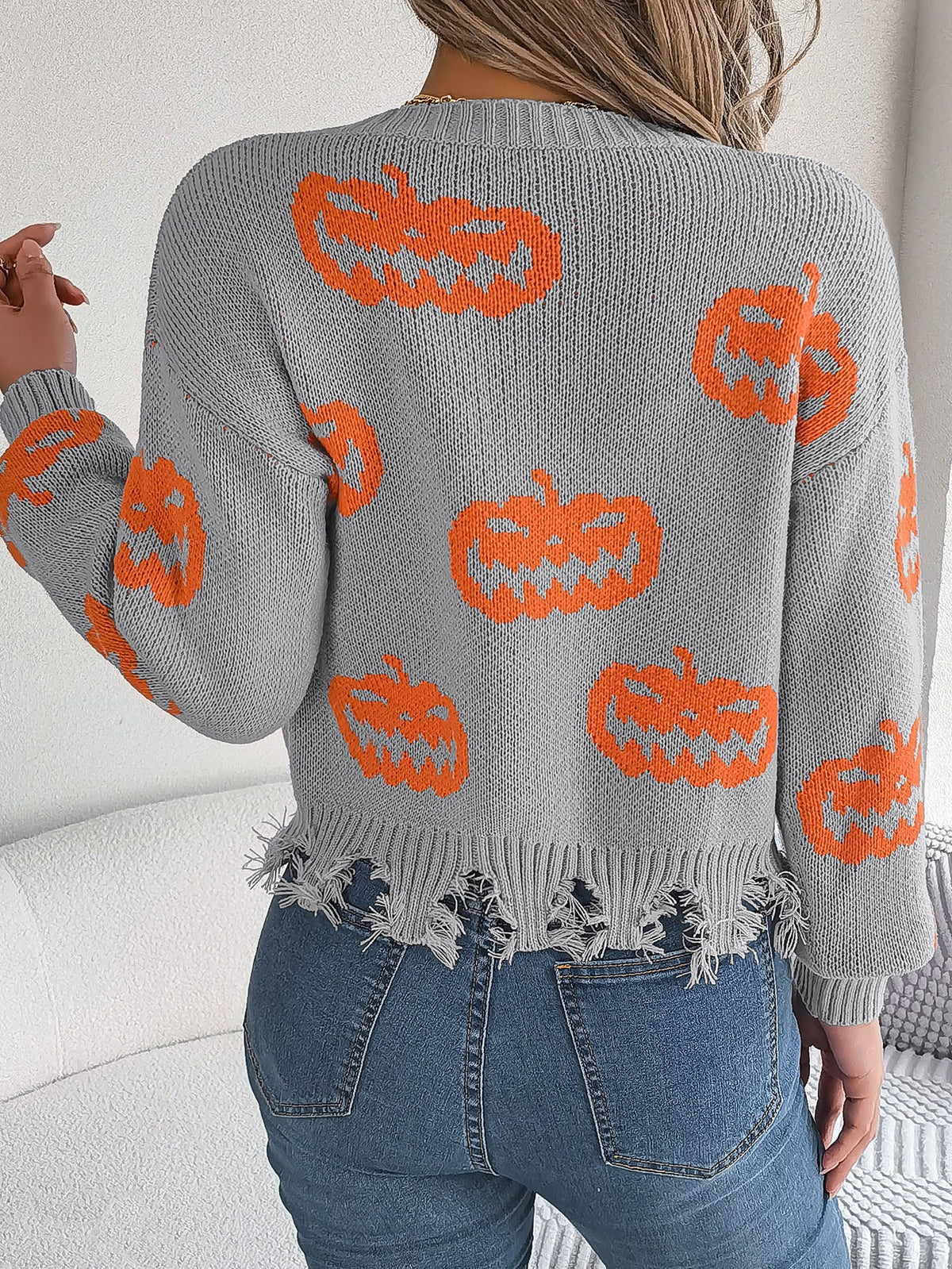 Real Shot of Autumn and Winter European and American Halloween Contrasting Pumpkin Cut Long-Sleeved Pullover Sweater Amazon Cross-Border Women's Clothing