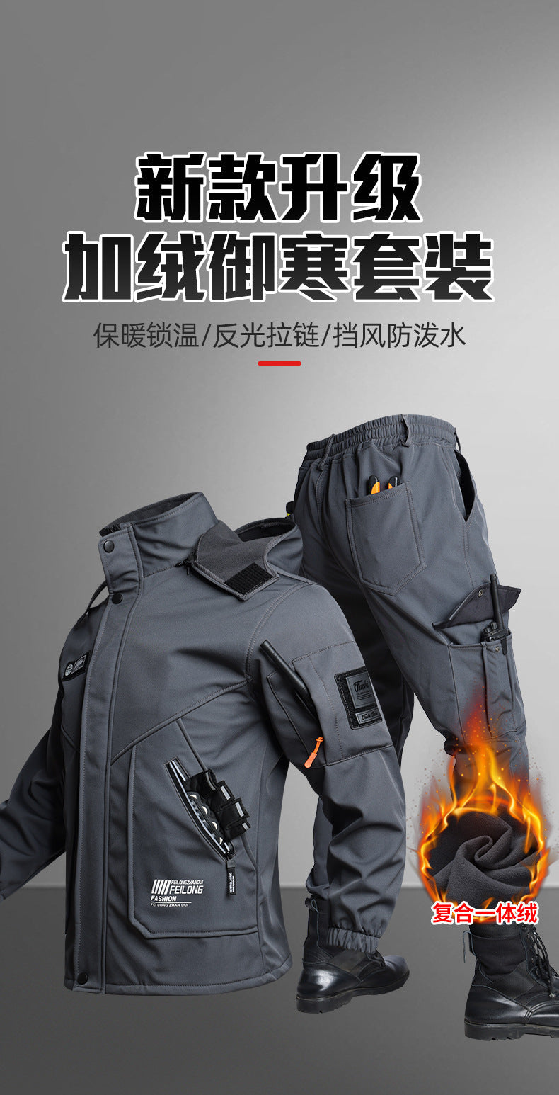 Men's Autumn and Winter Fleece-Lined Thickened Softshell Tactical Outdoor Sports Workwear Suit, Waterproof and Windproof