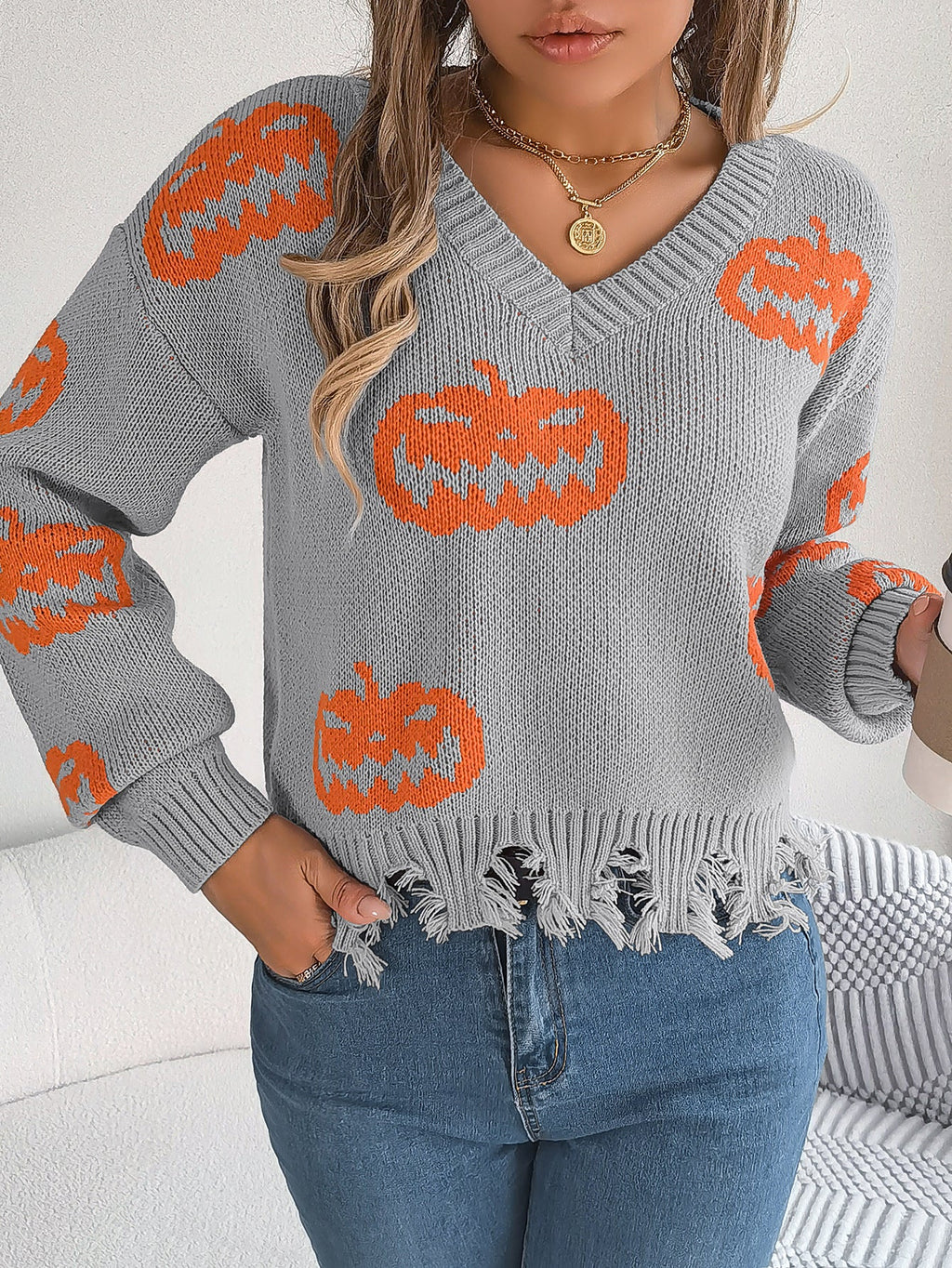 Real Shot of Autumn and Winter European and American Halloween Contrasting Pumpkin Cut Long-Sleeved Pullover Sweater Amazon Cross-Border Women's Clothing