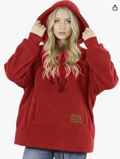 2025 New European and American Polar Fleece Pet-In-One Men's and Women's Trendy Hooded Loose Casual Warm Sweatshirt