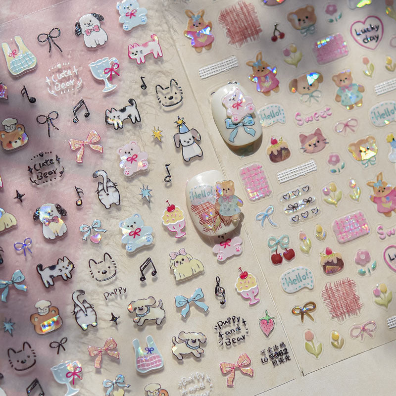 Cute Pet Graffiti Nail Art Stickers Embossed 3D Stereo 5D Cute Little Panda Cat Dog Nail Sticker Decoration
