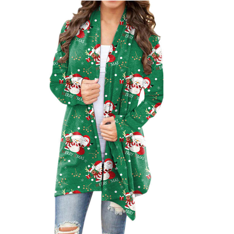 European and American cross-border 2021 autumn and winter New Amazon wish women's clothing Christmas printed casual long-sleeved cardigan for women