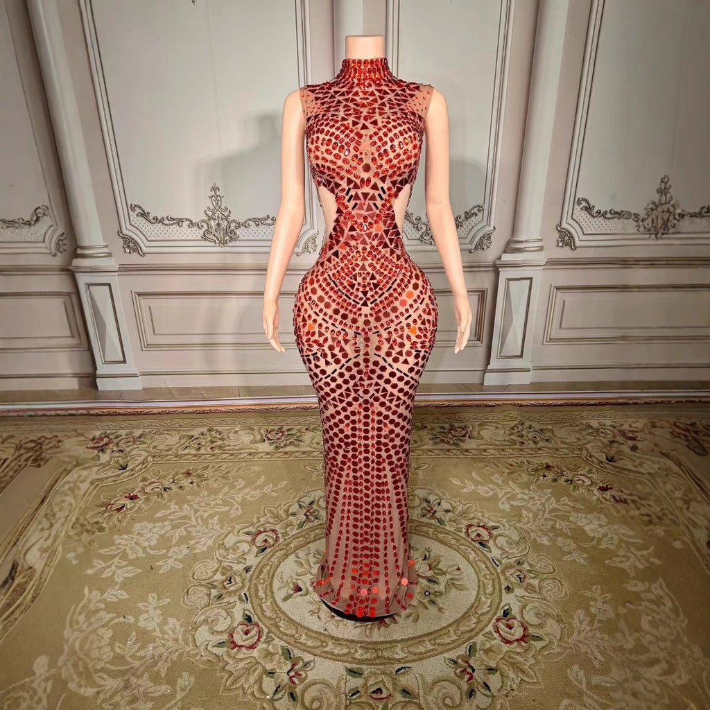 Luxury Mirror Sequins Sheath Halter Trailing Dress