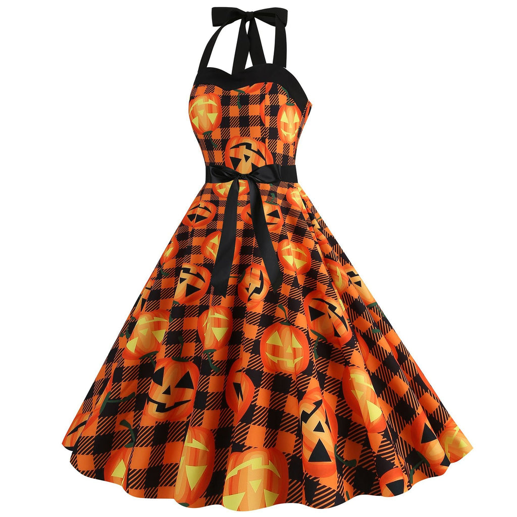 Factory direct supply 2024 Halloween new Hepburn style high waist slim hanging neck large swing long retro dress