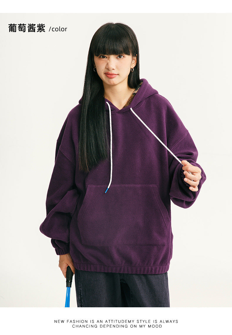 Black Fleet American Casual Style Unisex Versatile Hooded Warm Top Couple Style Hiking Fleece Solid Color Sweatshirt