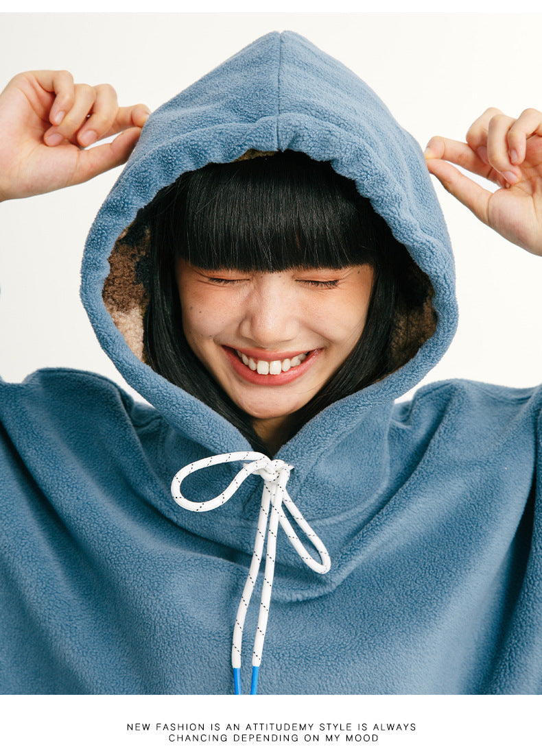 Black Fleet American Casual Style Unisex Versatile Hooded Warm Top Couple Style Hiking Fleece Solid Color Sweatshirt