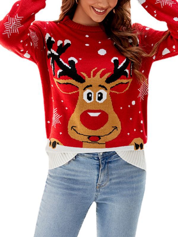 Amazon European and American Cartoon Elk Christmas Sweater Autumn and Winter 2023 New Foreign Trade Casual Round Neck Knitted Top