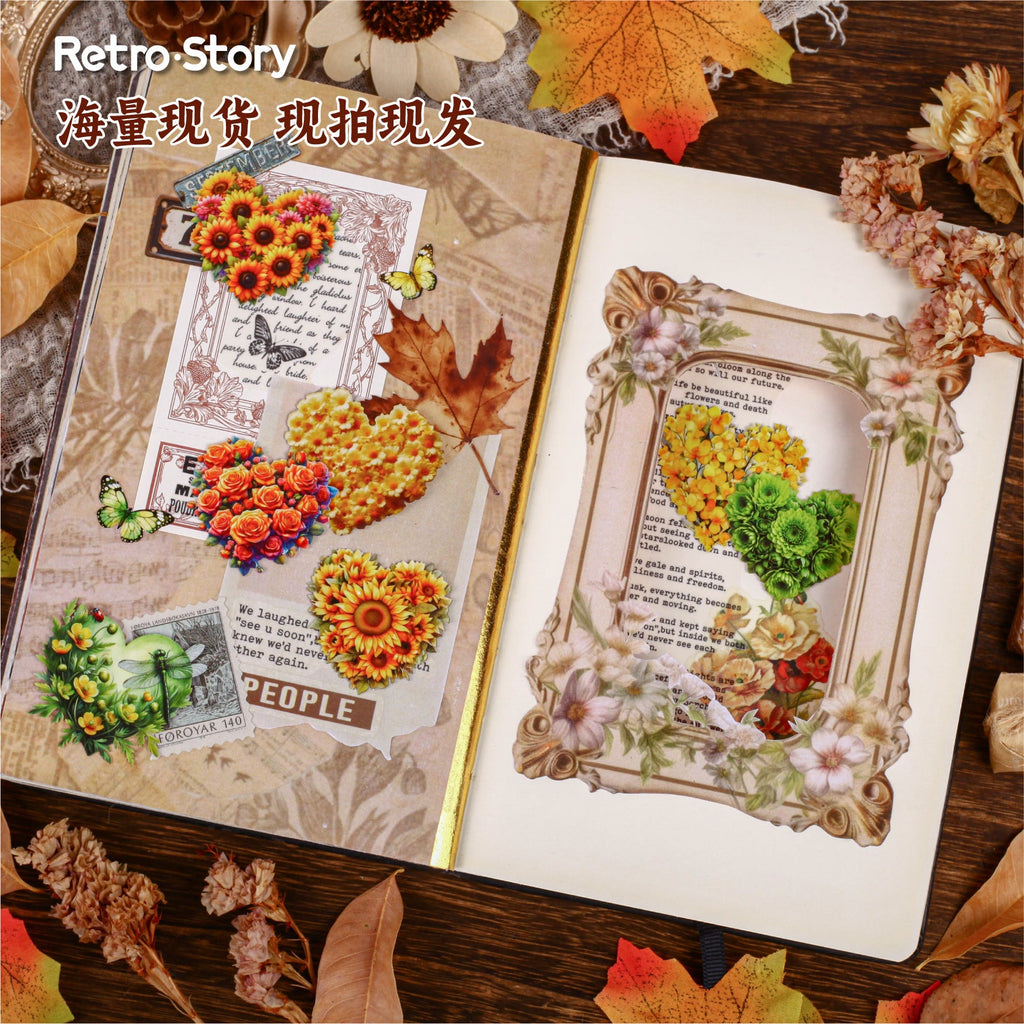 Retro Story Heart Flower Series Stickers Love Heart Floral Pet Journal Decoration Versatile Background Scenery Sticker Pack