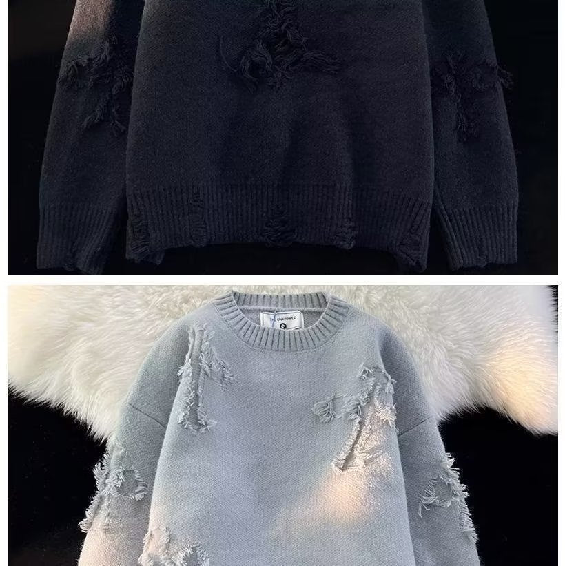 Autumn and Winter ripped sweater men's round neck pullover fashion brand High Street American Retro Japanese youth sweater
