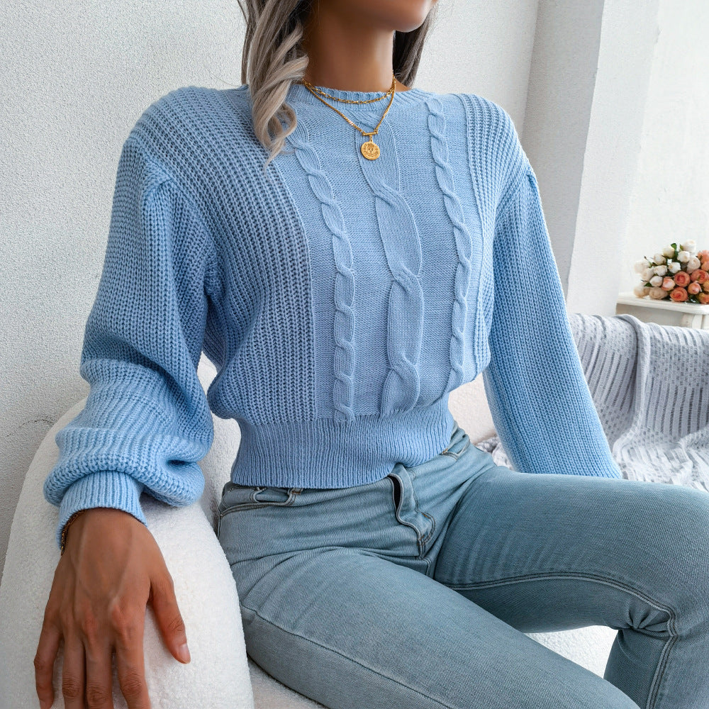 ins Style Real Shot Autumn and Winter European and American Leisure Twist Lantern Sleeve Waist Knitted Sweater Amazon Cross-border Women's Wear