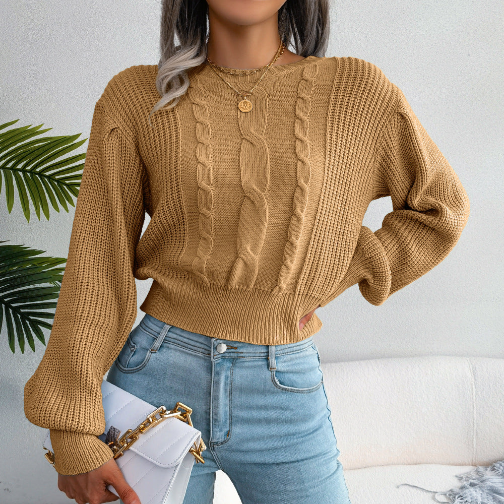 ins Style Real Shot Autumn and Winter European and American Leisure Twist Lantern Sleeve Waist Knitted Sweater Amazon Cross-border Women's Wear