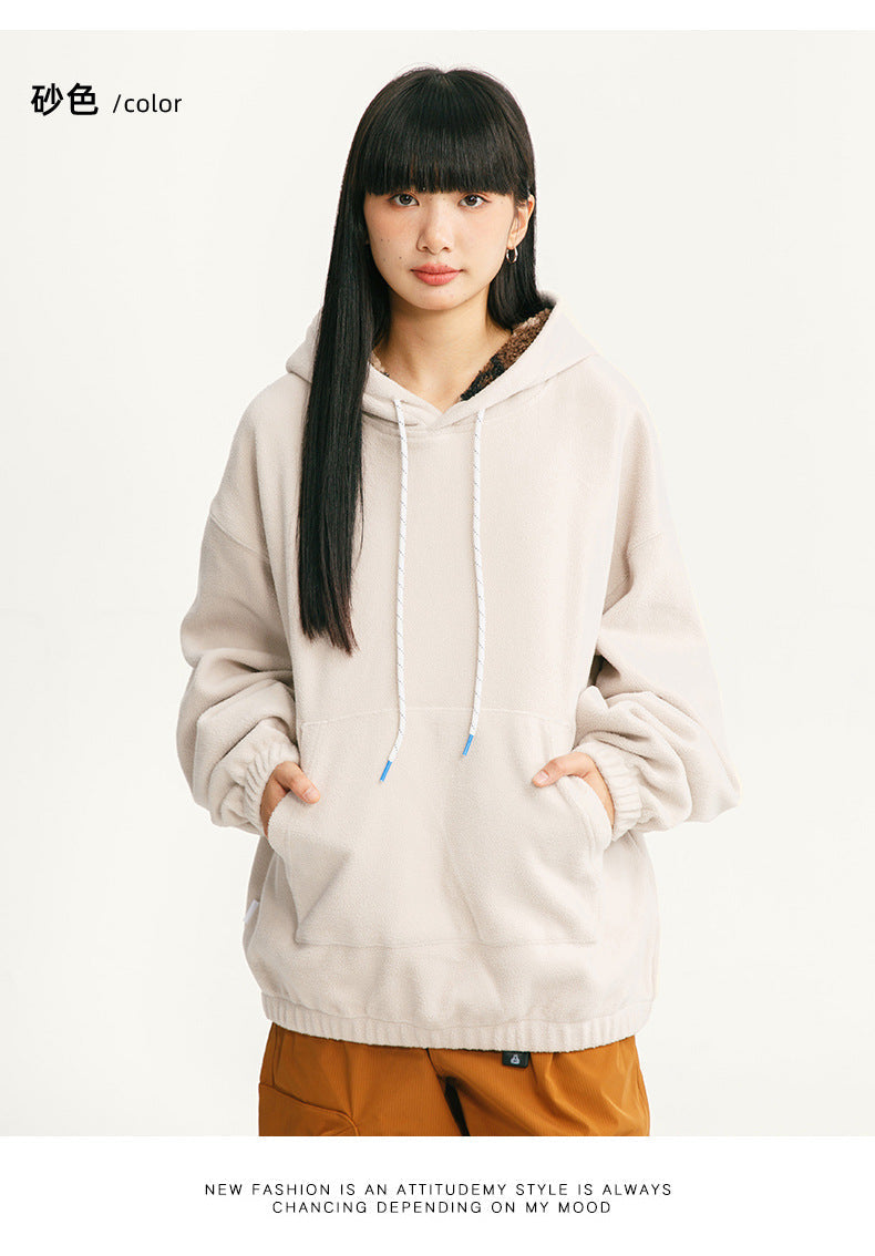 Black Fleet American Casual Style Unisex Versatile Hooded Warm Top Couple Style Hiking Fleece Solid Color Sweatshirt