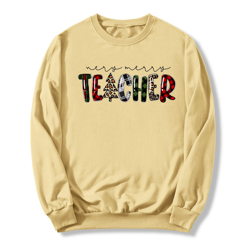Christmas Tree Plaid Letter Teacher Christmas Printed Round Neck Sweat Autumn and Winter European Men's and Women's Top