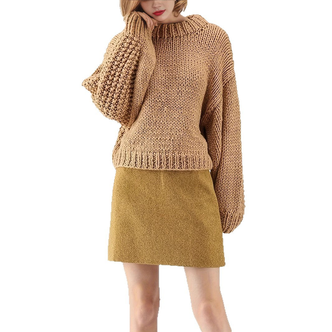 European and American Export Yellow Retro Style Thick Knitted Round Neck Sweater Women's Loose Lantern Sleeve Lazy Autumn and Winter Pullover Top