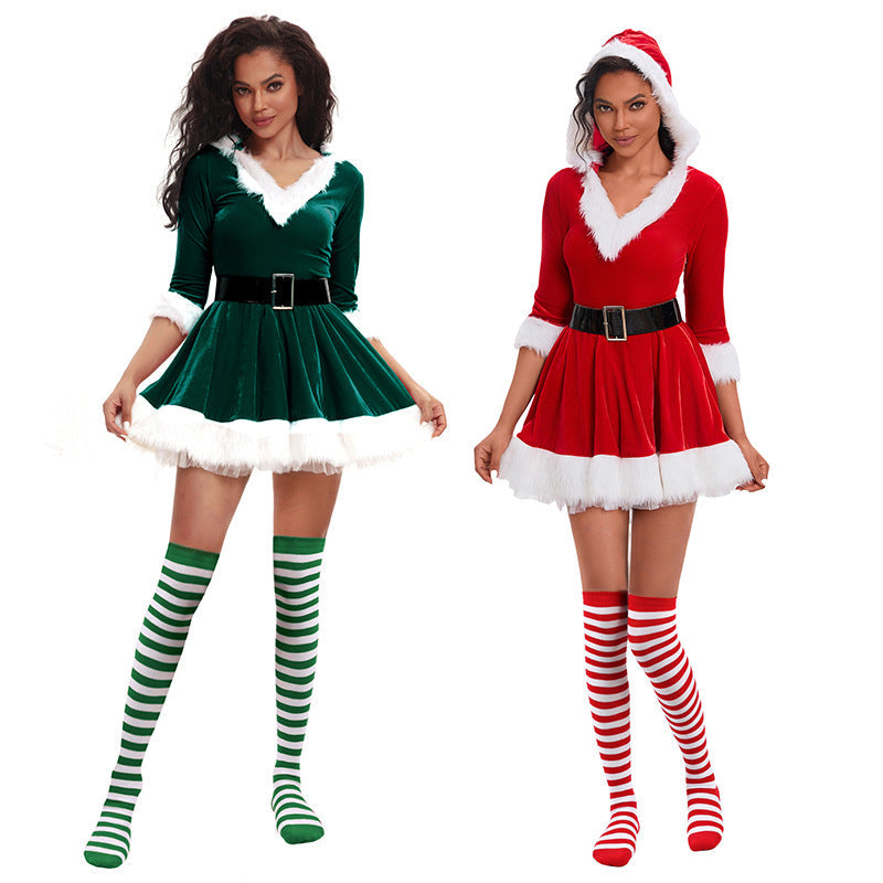 European and American Christmas clothing adult women's hooded Christmas skirt red and green dress performance clothing a generation of hair
