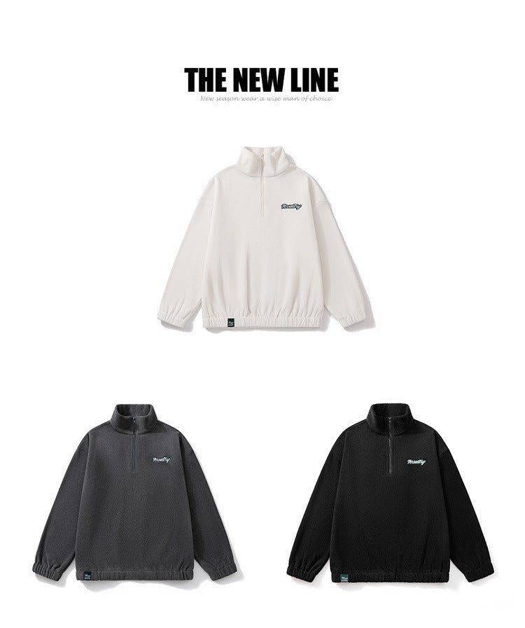 suit autumn and winter sweater men's stand collar half zipper fleece-lined American fashion brand loose casual men's top