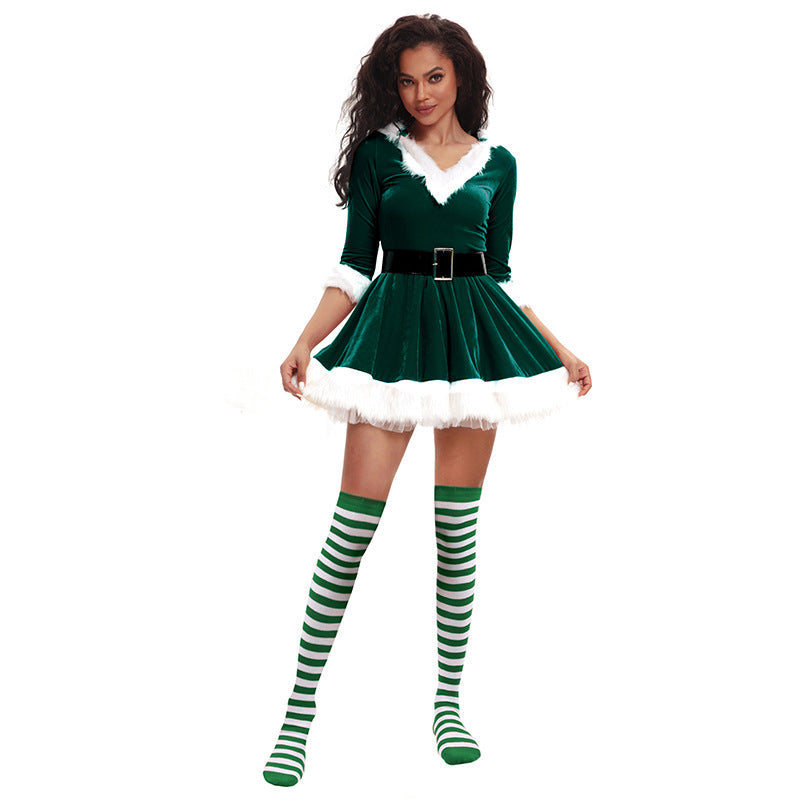 European and American Christmas clothing adult women's hooded Christmas skirt red and green dress performance clothing a generation of hair