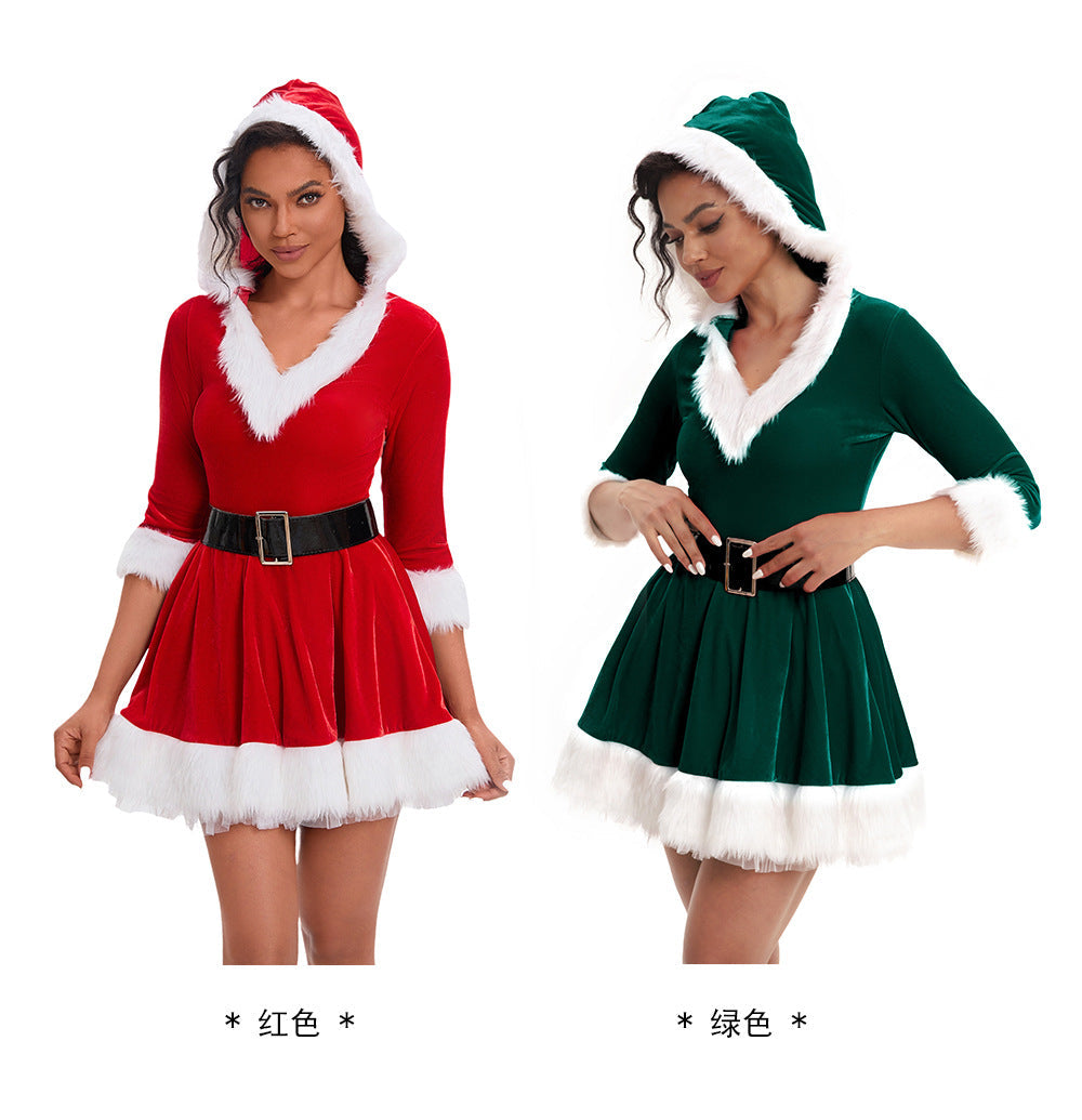 European and American Christmas clothing adult women's hooded Christmas skirt red and green dress performance clothing a generation of hair
