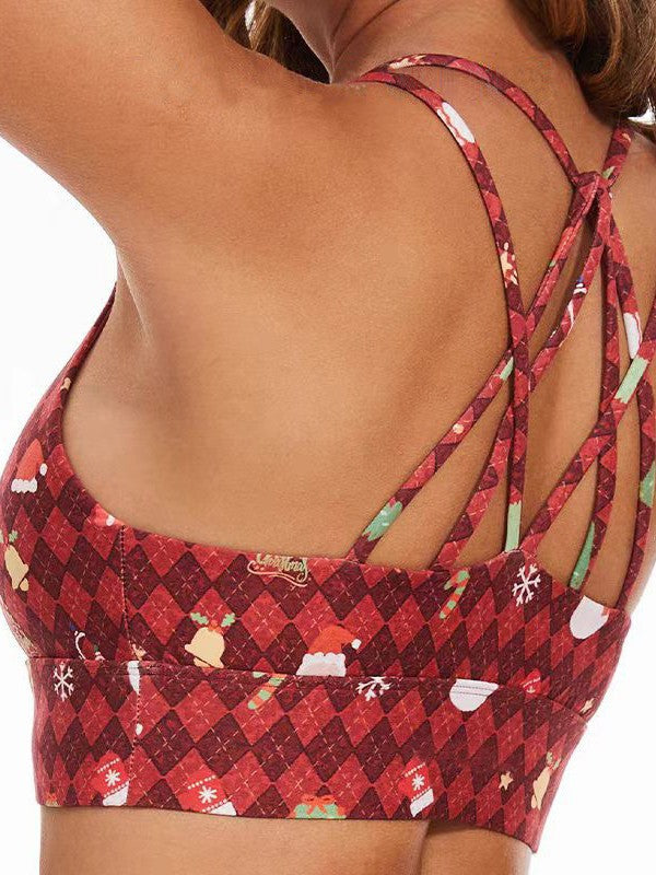 Foreign Trade Cross-border European and American Printed Plaid Sports Bra Underwear Women's Running Fitness Pants Yoga Clothes Quick-drying suit