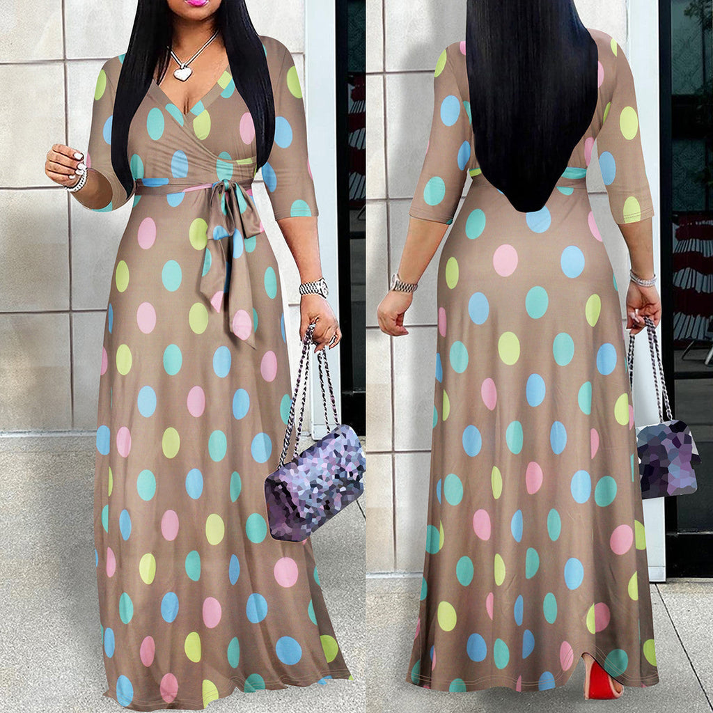 Cross-border Amazon Europe and the United States for Spring, Summer and Autumn Women's Fashion Elegant V-neck Middle Sleeve Casual Long dress