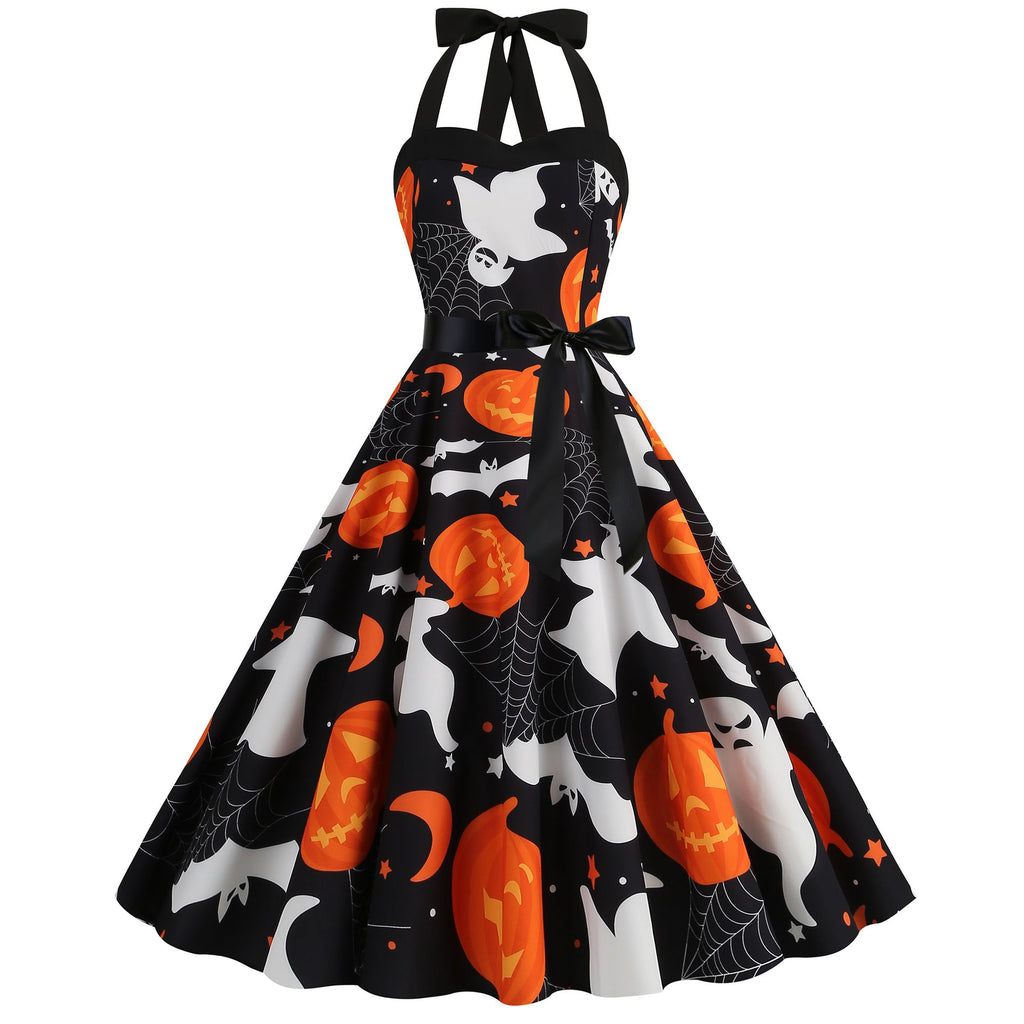 Factory direct supply 2024 Halloween new Hepburn style high waist slim hanging neck large swing long retro dress