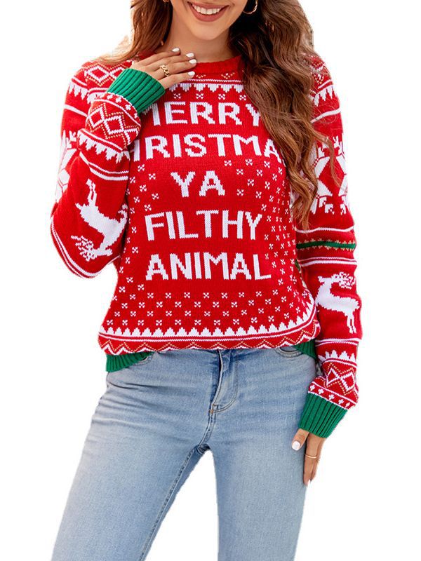 European and American women's knitted jacquard Christmas pullover sweater 2023 autumn and winter New round neck sweet style knitted top