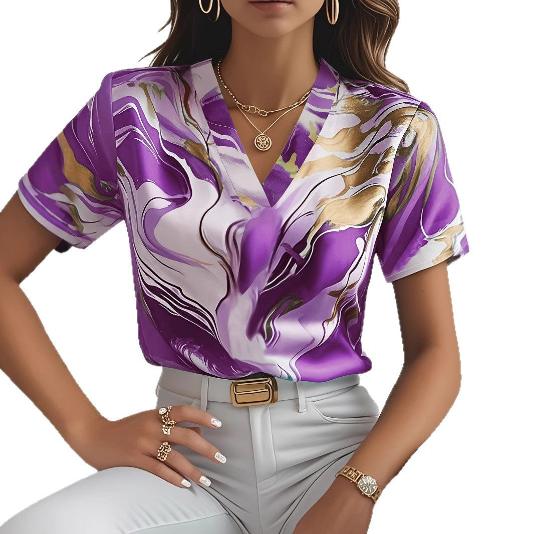 Geometric Pattern V-neck Commuter's All-matching Short Sleeve Shirt